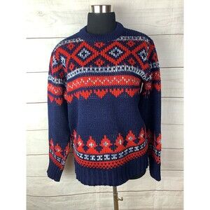 Vintage sweater Pullover XL Large Medium Aztec Tribal red navy knit western Geo